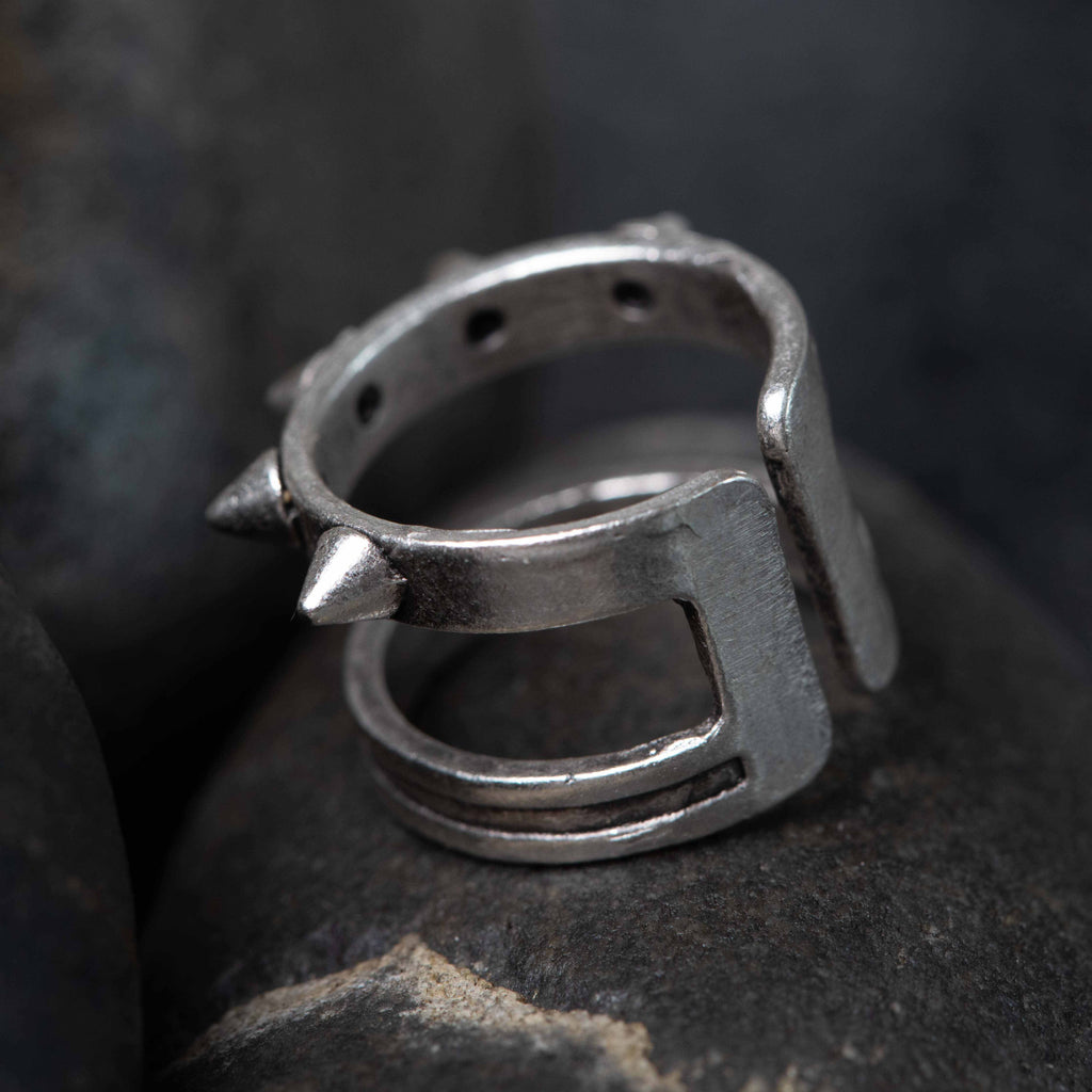 Silver ridged wide band ring, medieval warrior brutalist statement ring