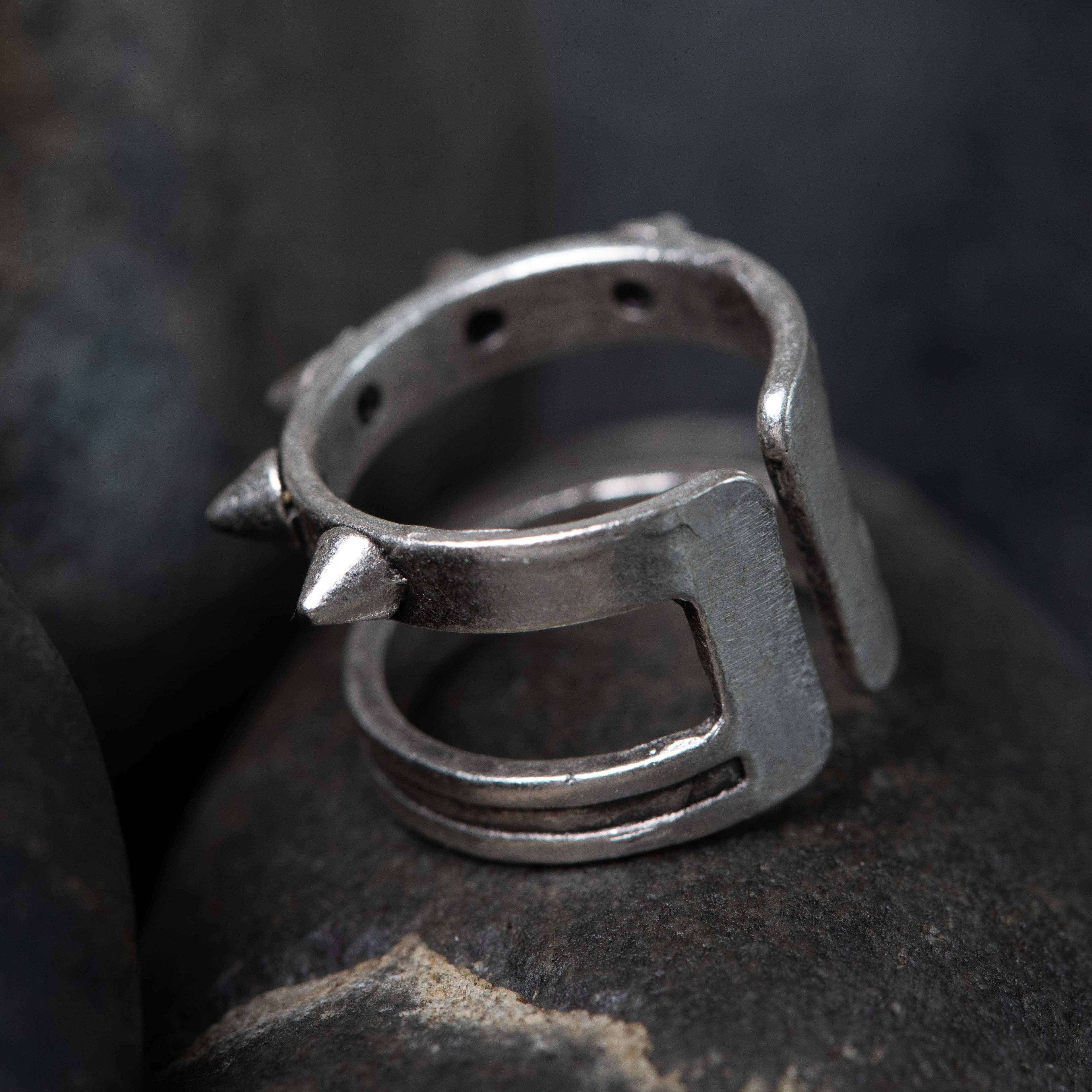 Silver ridged wide band ring, medieval warrior brutalist statement ring