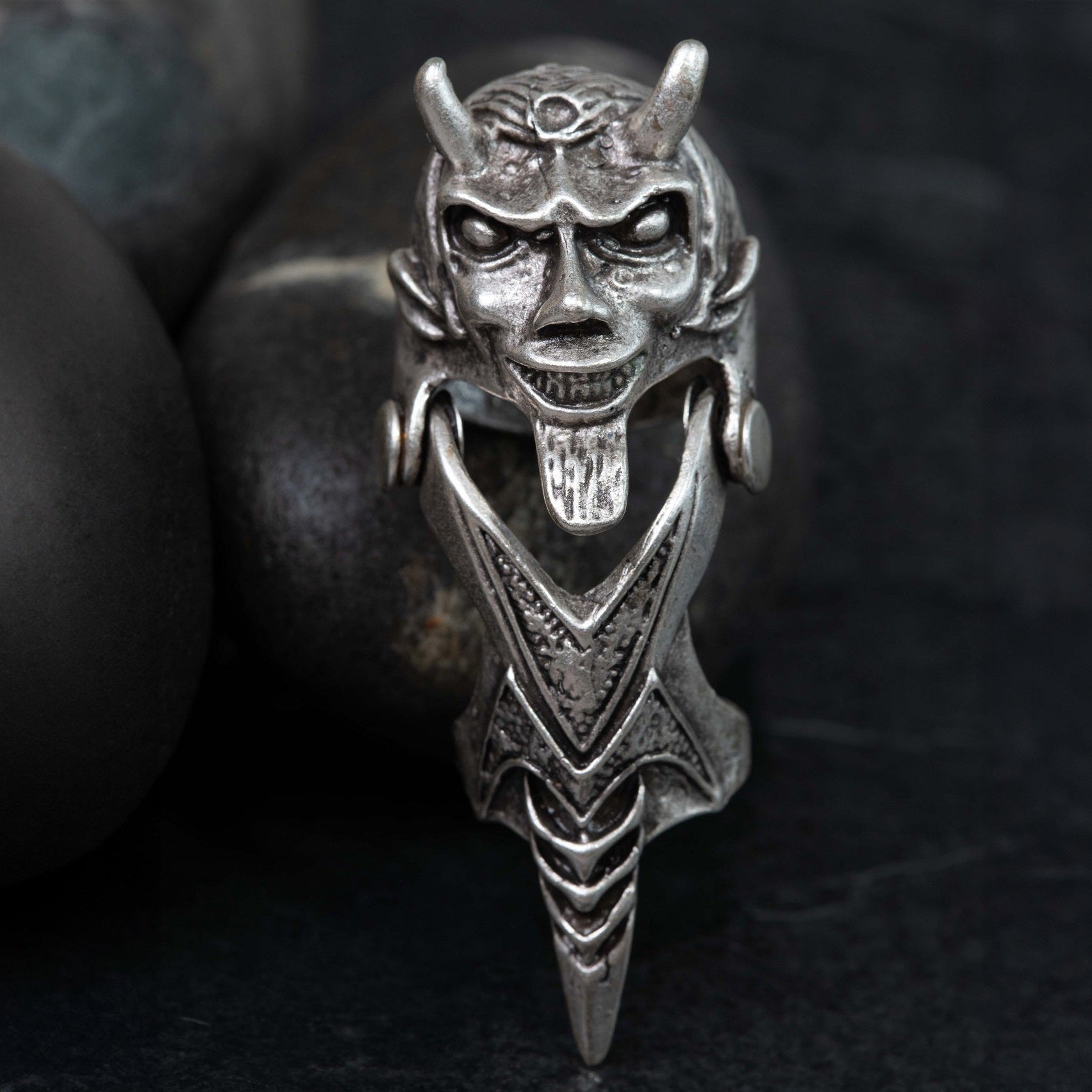 Hannya demon armour ring, full finger knuckle adjustable gothic silver statement