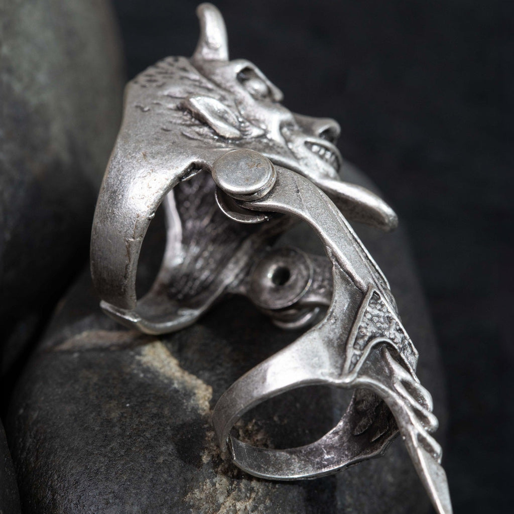 Hannya demon armour ring, full finger knuckle adjustable gothic silver statement