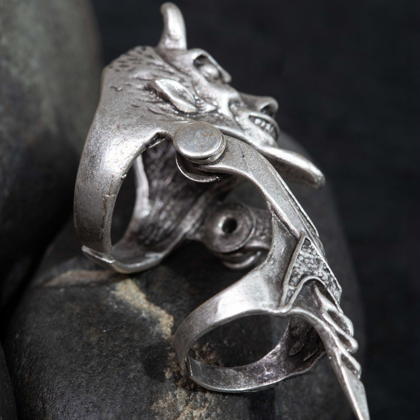 Hannya demon armour ring, full finger knuckle adjustable gothic silver statement