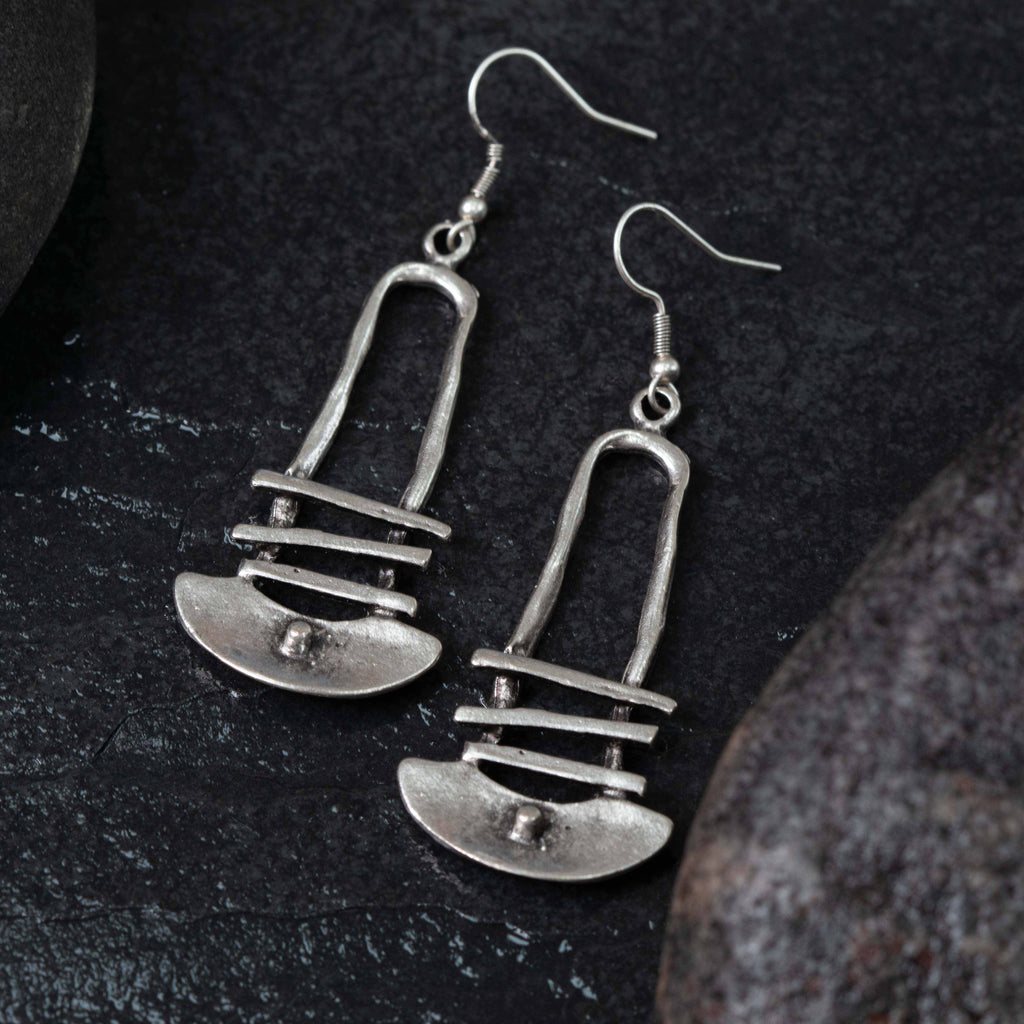 Silver architectural dangle earrings, long tribal bohemian shield drop