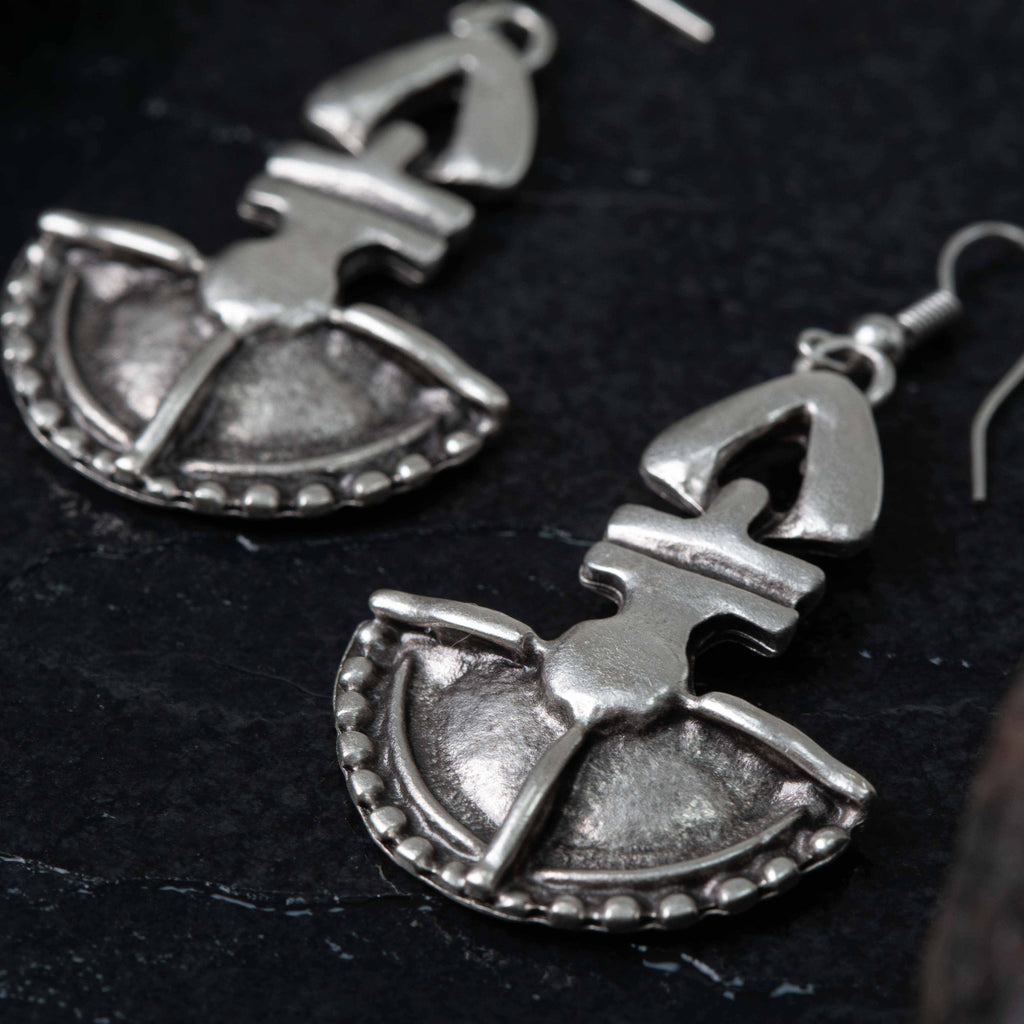 Silver tribal shield earrings, ethnic bohemian statement dangle