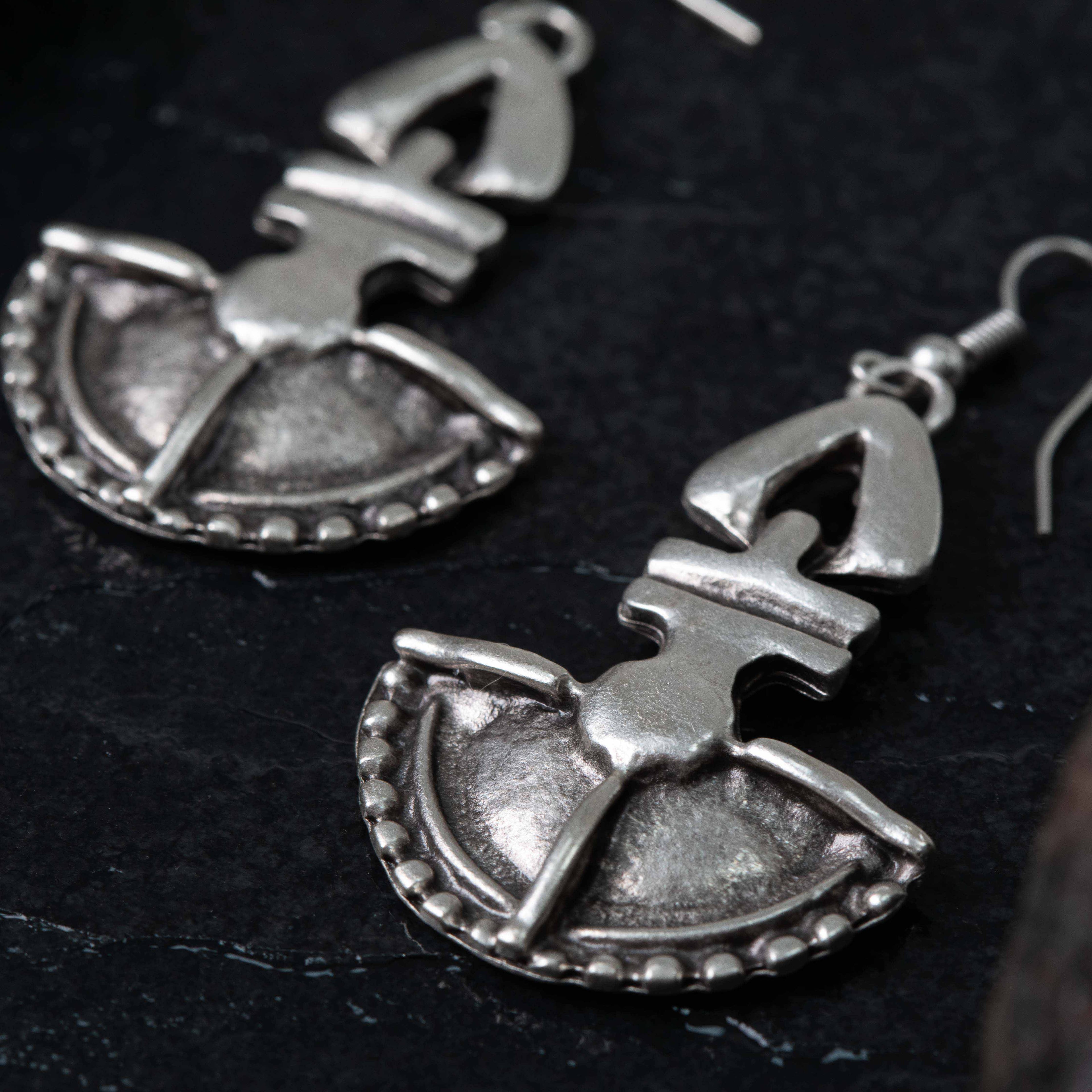 Silver tribal shield earrings, ethnic bohemian statement dangle