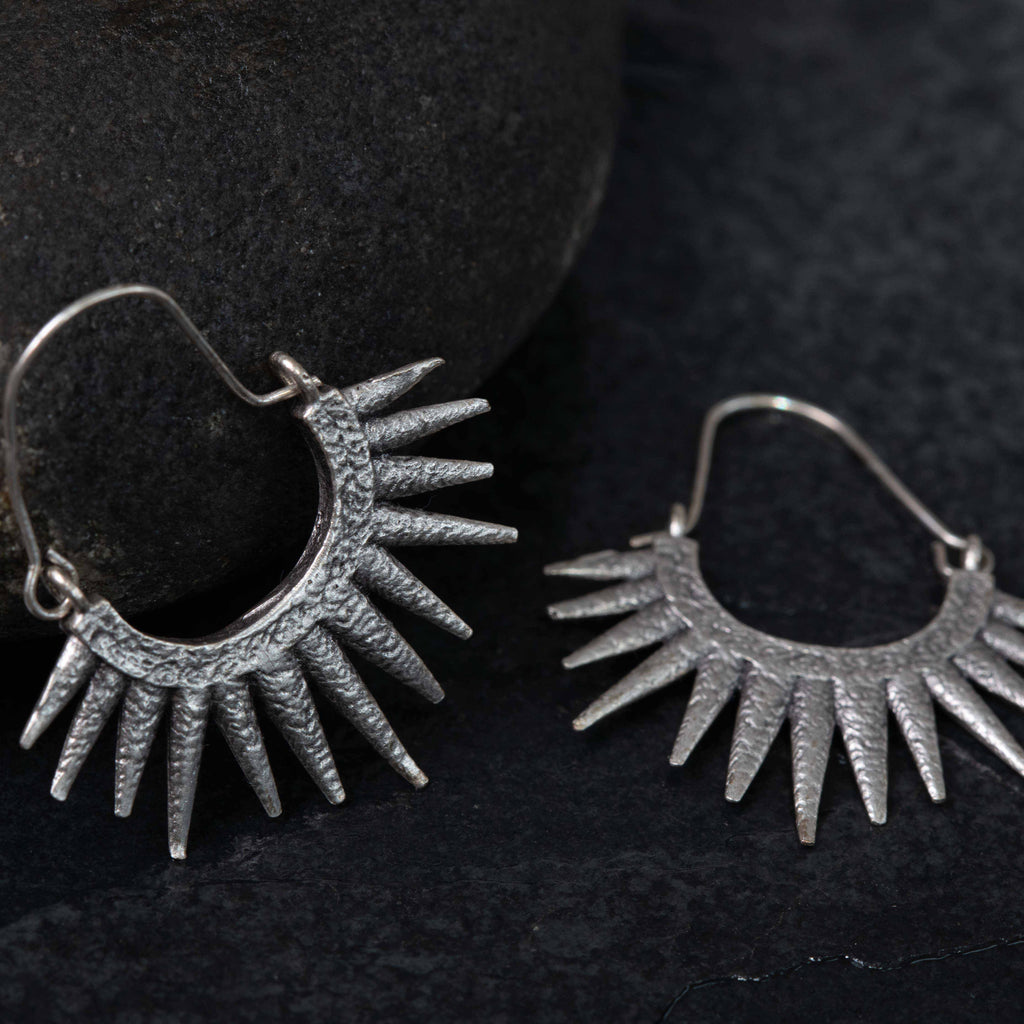 Silver spike hoop earrings, large boho sun ray statement dangle