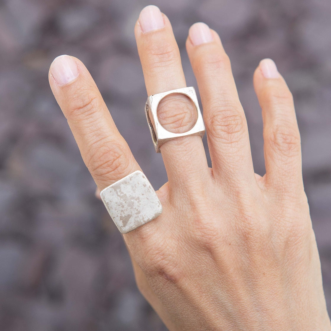 Geometric square circle ring, minimalist architectural statement ring