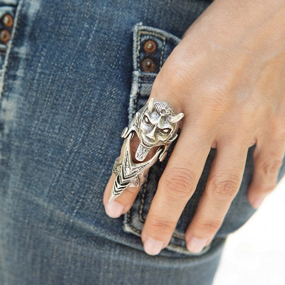 Hannya demon armour ring, full finger knuckle adjustable gothic silver statement