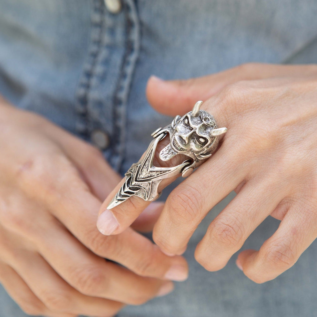Hannya demon armour ring, full finger knuckle adjustable gothic silver statement