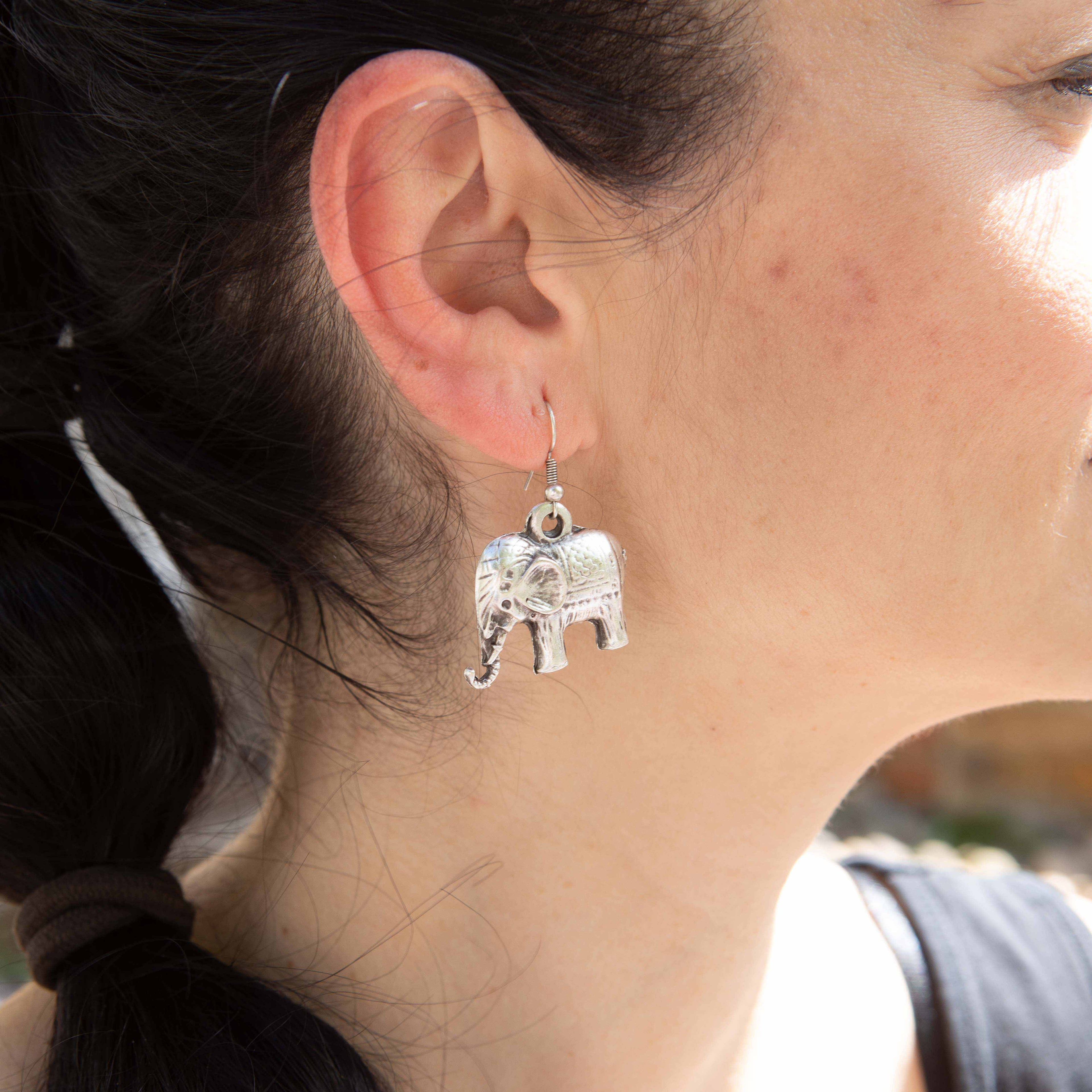 Silver elephant earrings, boho spiritual animal dangle