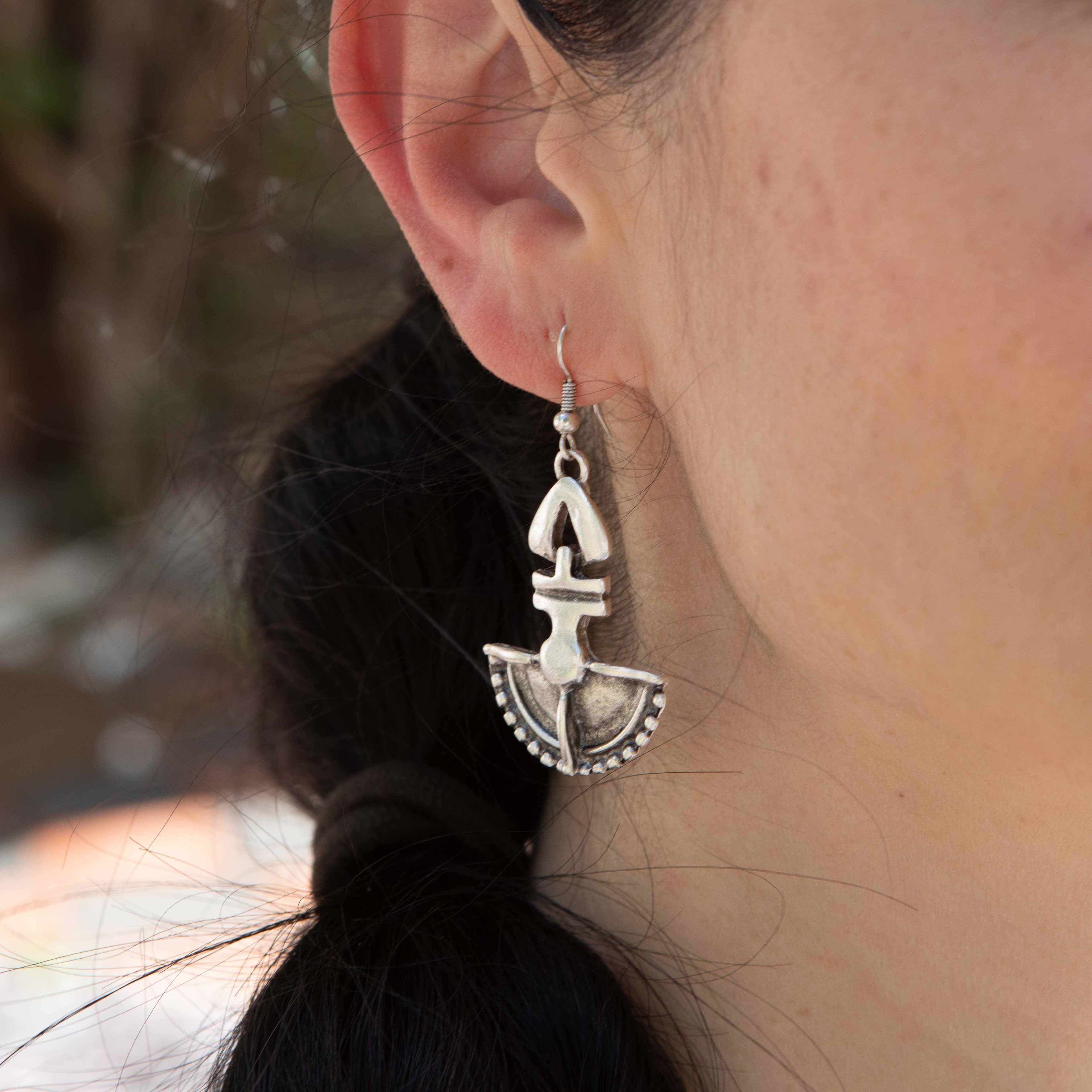 Silver tribal shield earrings, ethnic bohemian statement dangle
