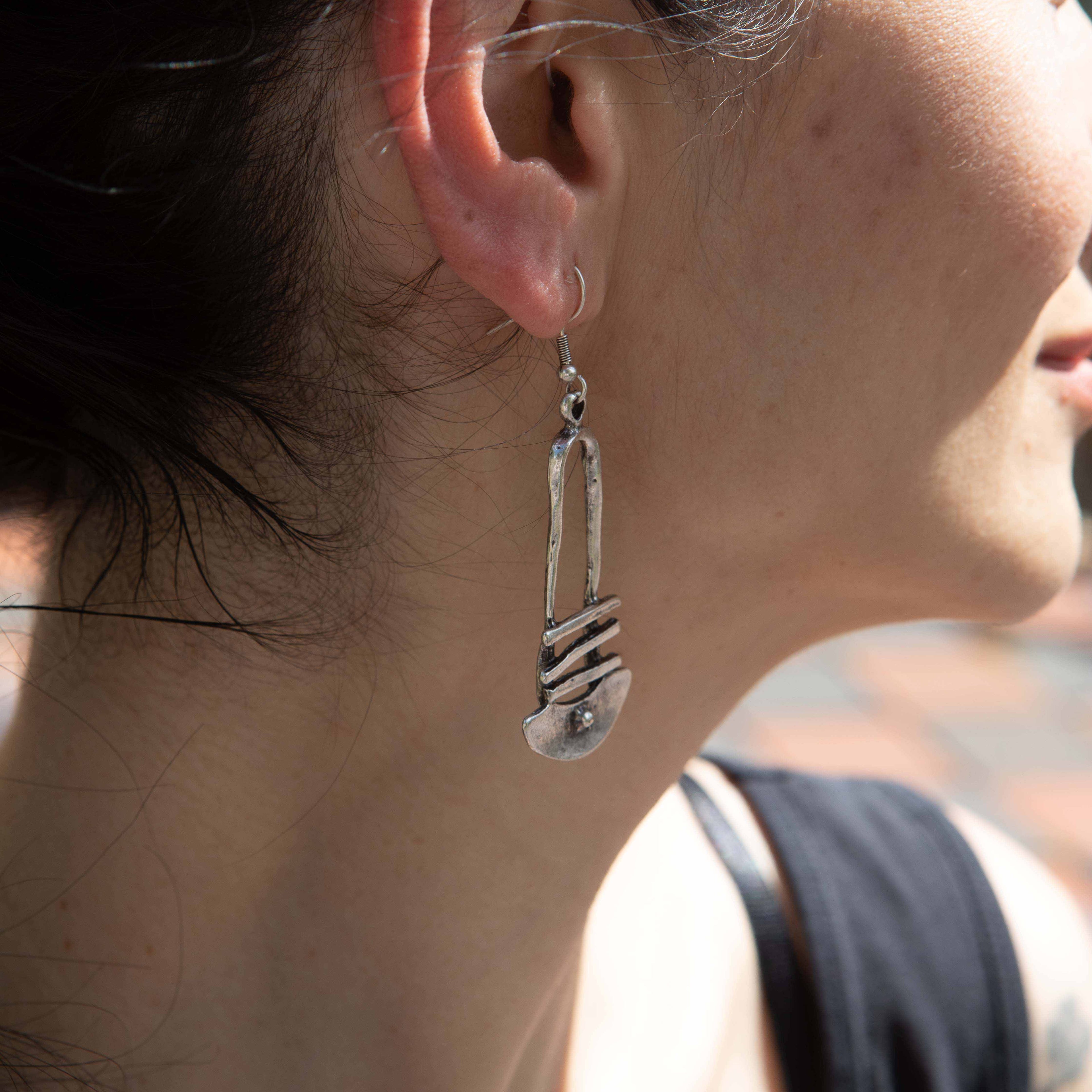 Silver architectural dangle earrings, long tribal bohemian shield drop