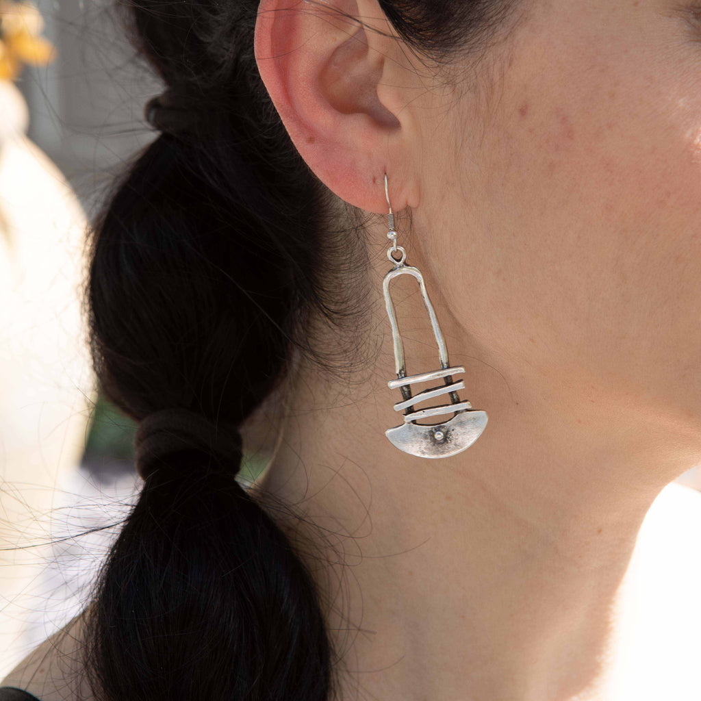 Silver architectural dangle earrings, long tribal bohemian shield drop