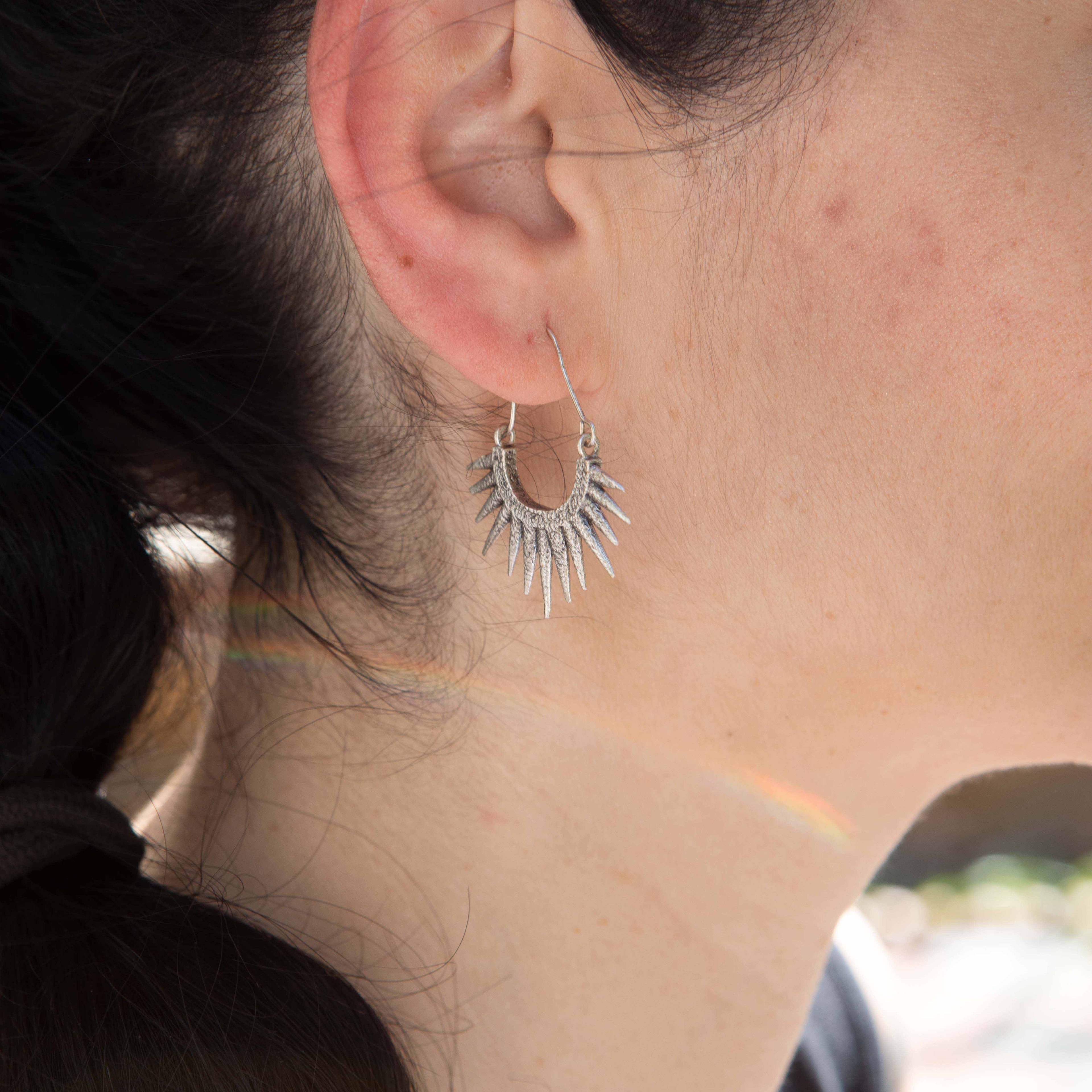 Silver spike hoop earrings, large boho sun ray statement dangle