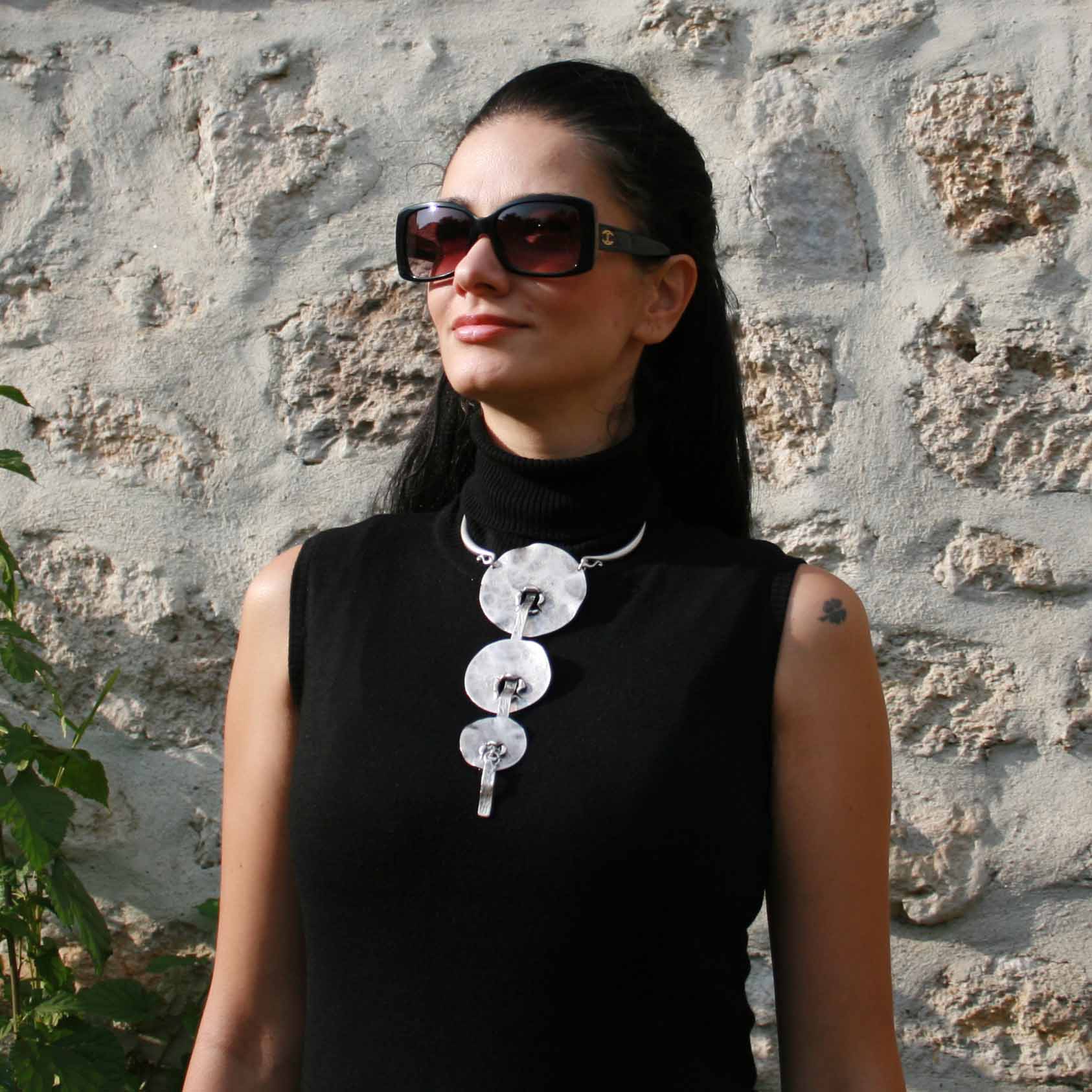 Silver brutalist geometric necklace, hammered disc pendant sculptural statement
