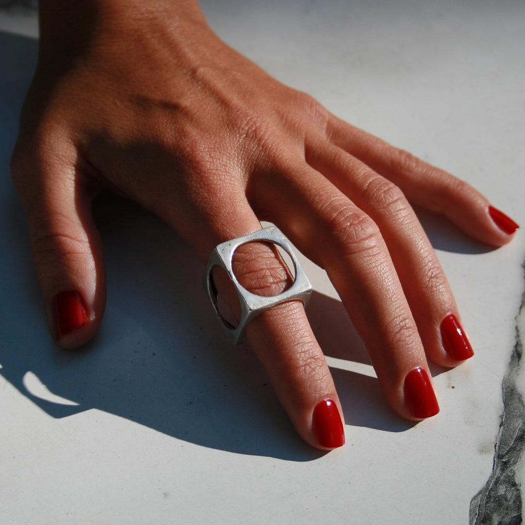 Geometric square circle ring, minimalist architectural statement ring
