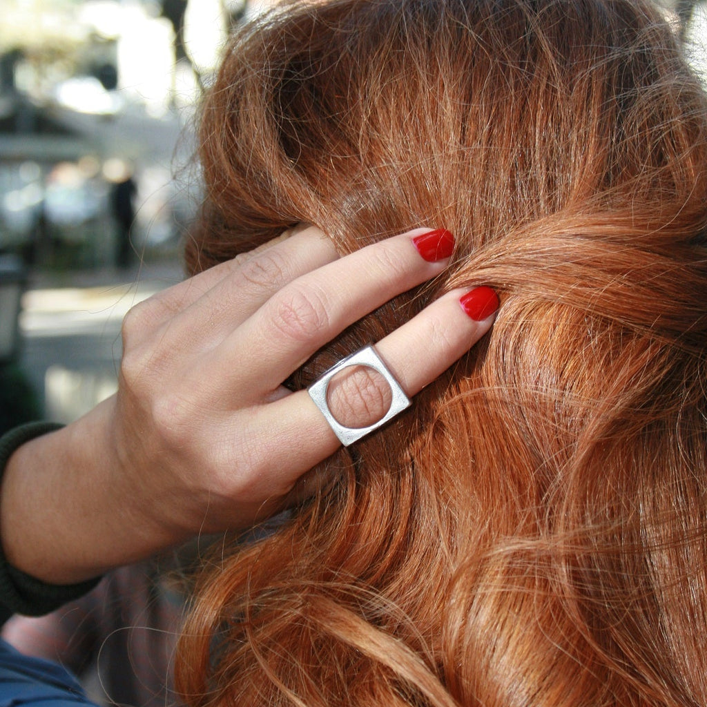Geometric square circle ring, minimalist architectural statement ring