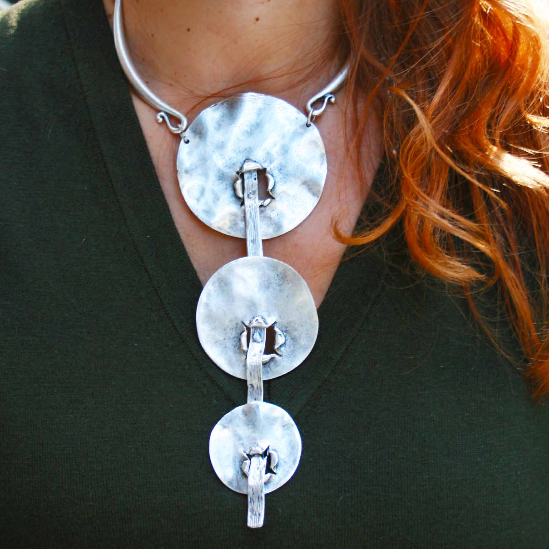 Silver brutalist geometric necklace, hammered disc pendant sculptural statement