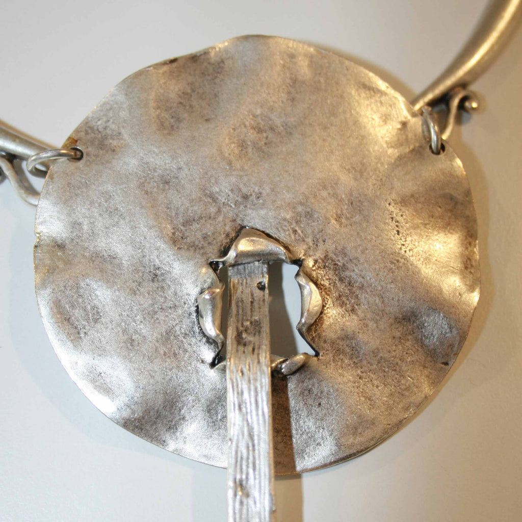 Silver brutalist geometric necklace, hammered disc pendant sculptural statement