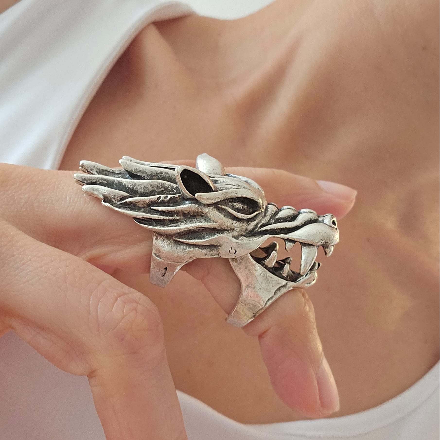 Articulated Dragon Knuckle Ring | Movable Head & Jaw | Adjustable Silver Statement Ring