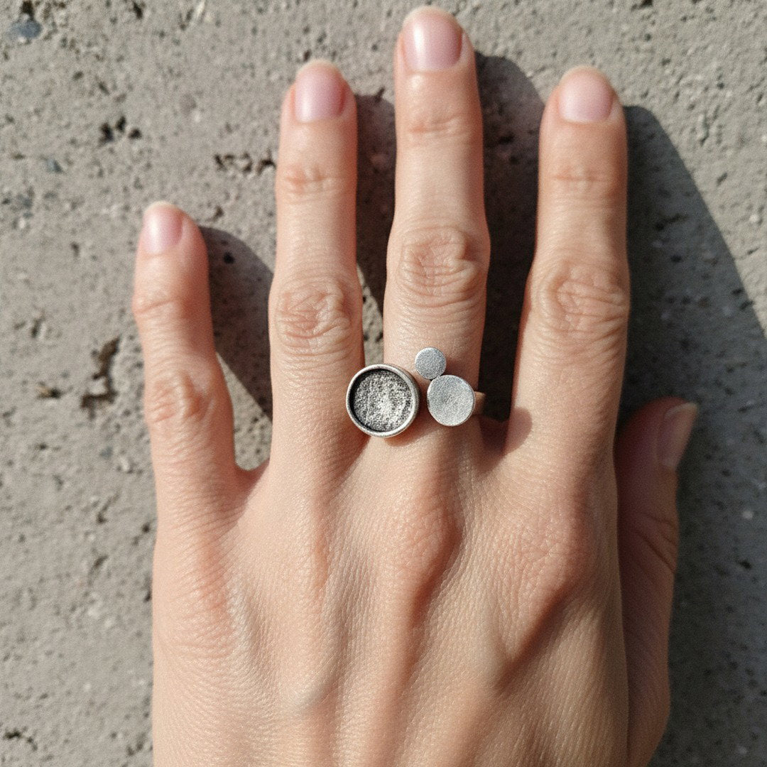 Asymmetric circle ring, moon disc brutalist adjustable silver wearable art