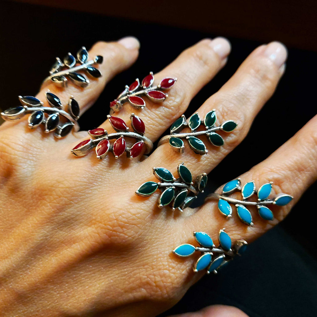 Leaf branch ring, silver boho adjustable wrap statement ring