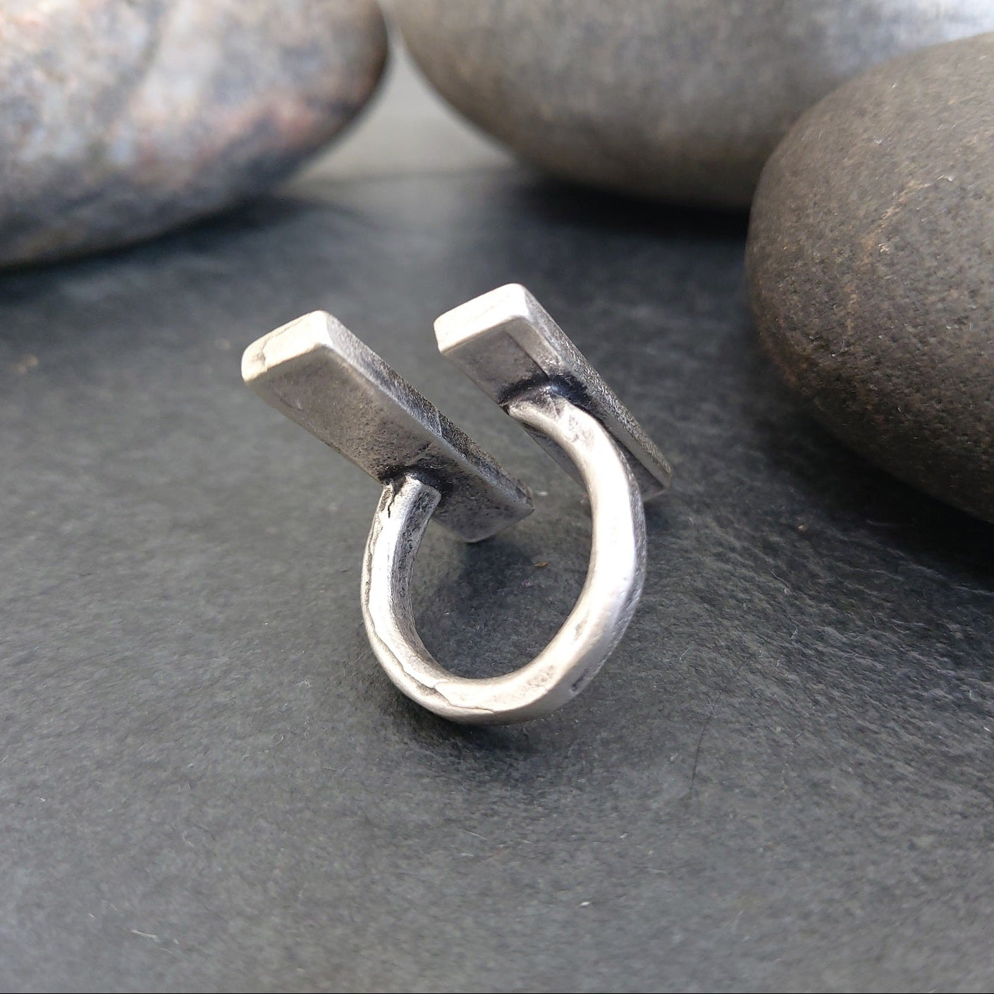 Brutalist double lines ring, adjustable modernist abstract sculptural silver