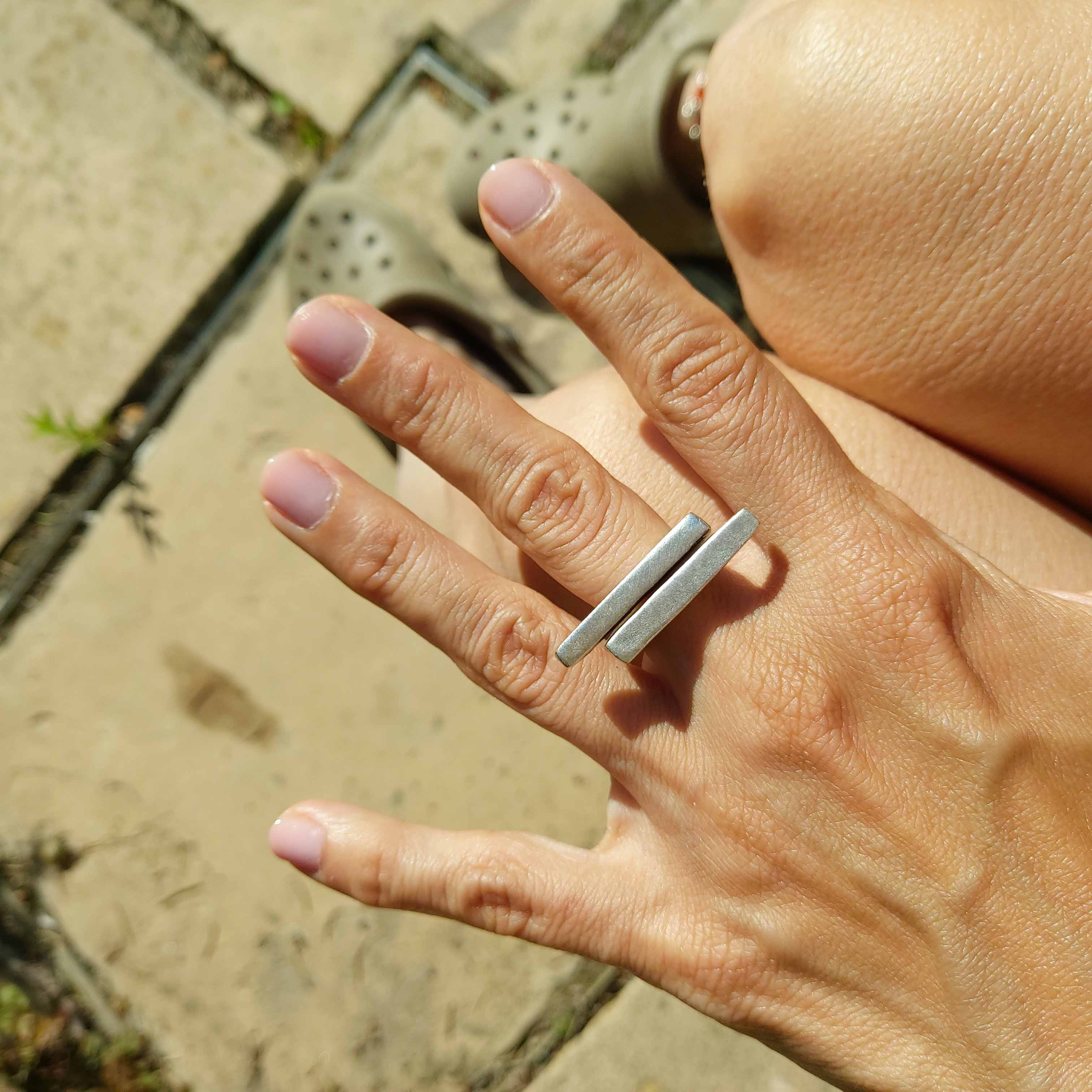 Double bar ring, parallel lines minimalist brutalist sculptural statement