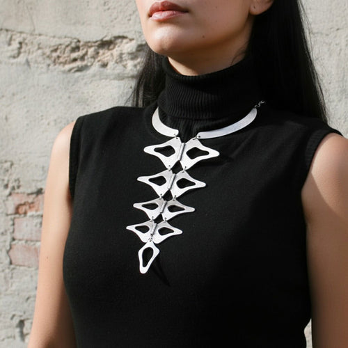 Anatomical brutalist necklace, sculptural silver collar statement jewellery
