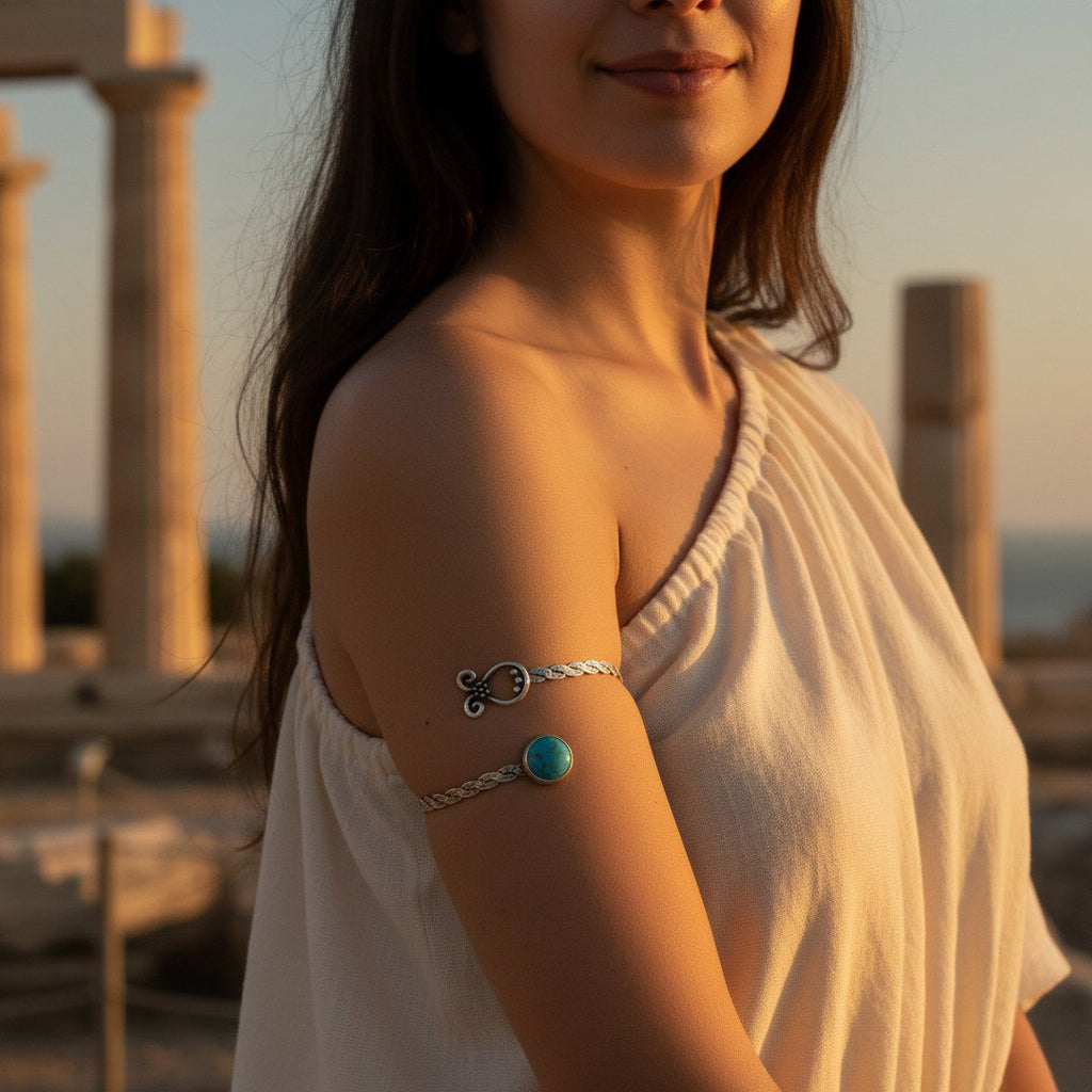Turquoise stones arm cuff, silver bohemian bracelet
