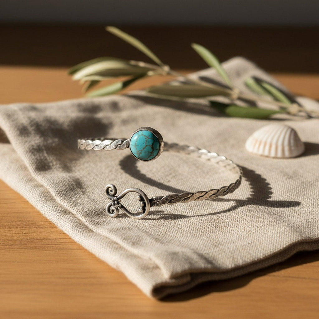 Turquoise stones arm cuff, silver bohemian bracelet