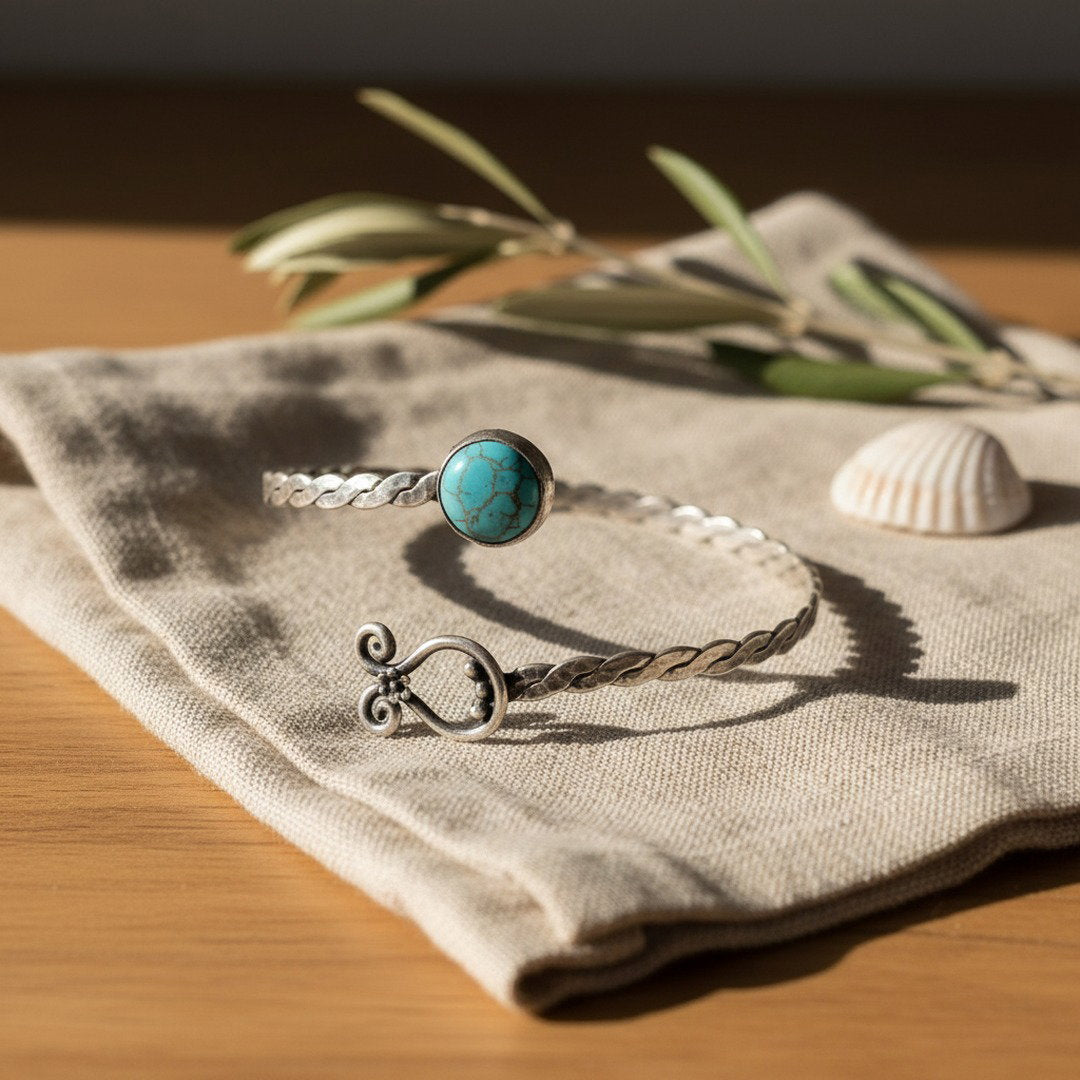 Turquoise stones arm cuff, silver bohemian bracelet