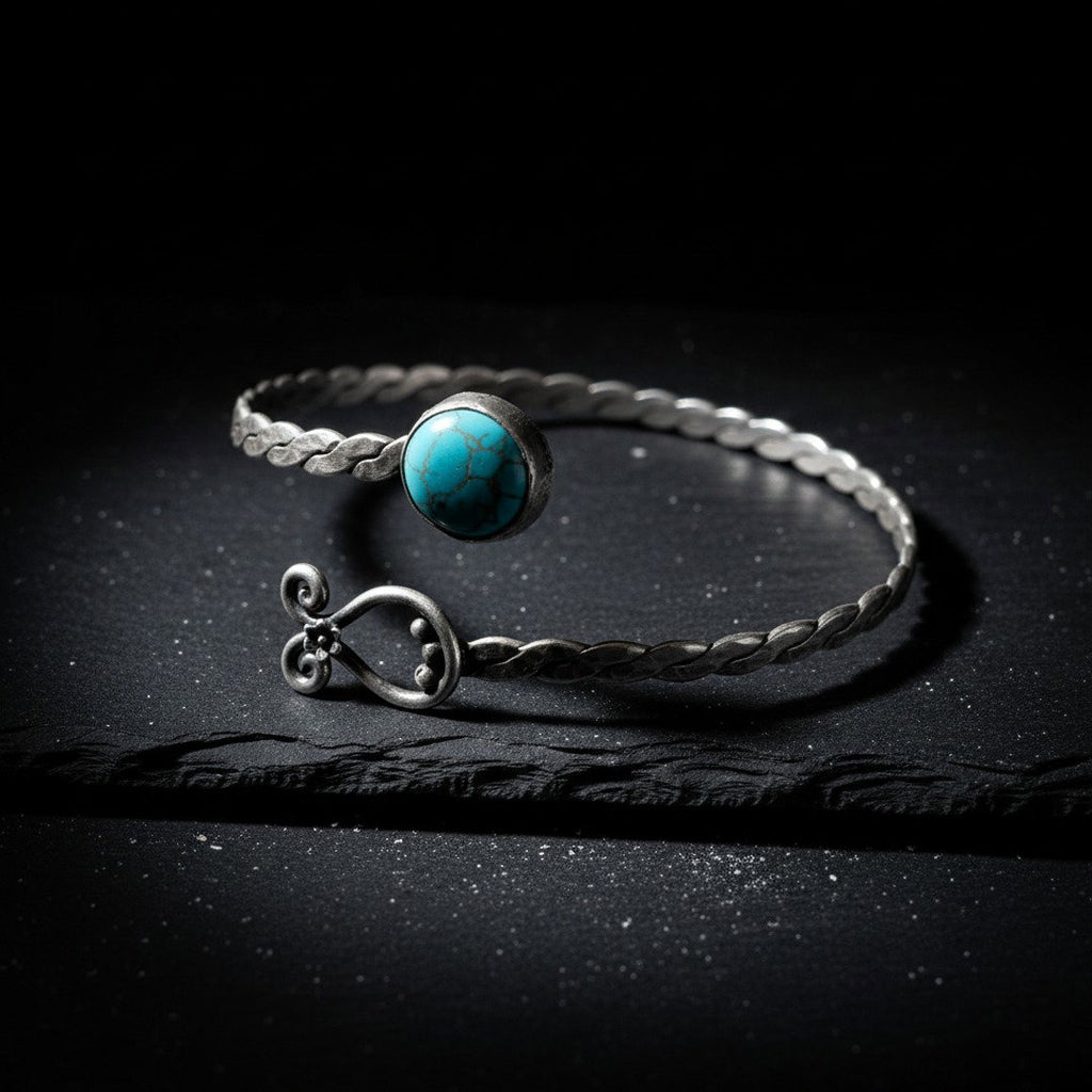 Turquoise stones arm cuff, silver bohemian bracelet