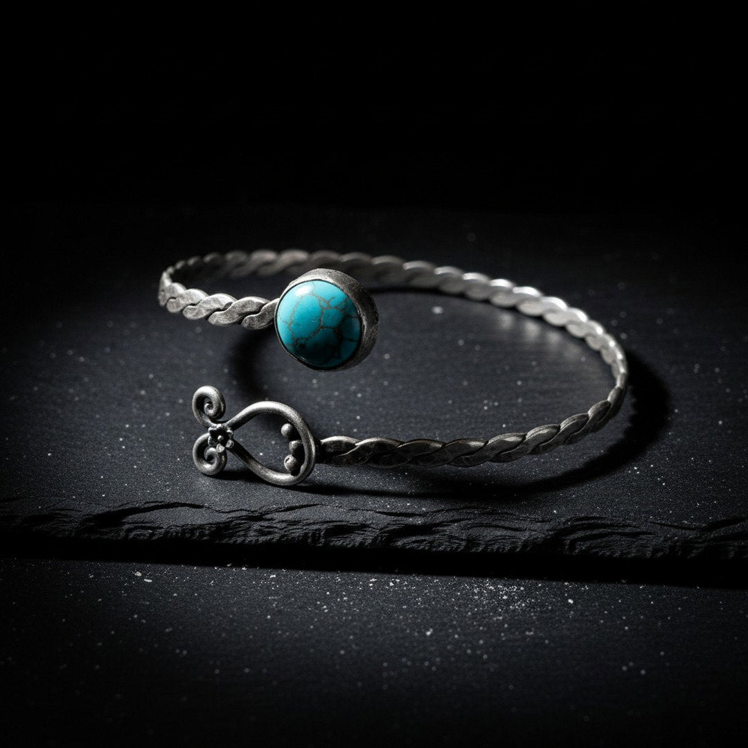 Turquoise stones arm cuff, silver bohemian bracelet