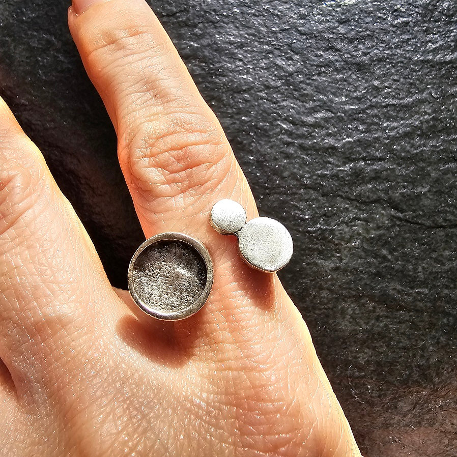 Asymmetric circle ring, moon disc brutalist adjustable silver wearable art