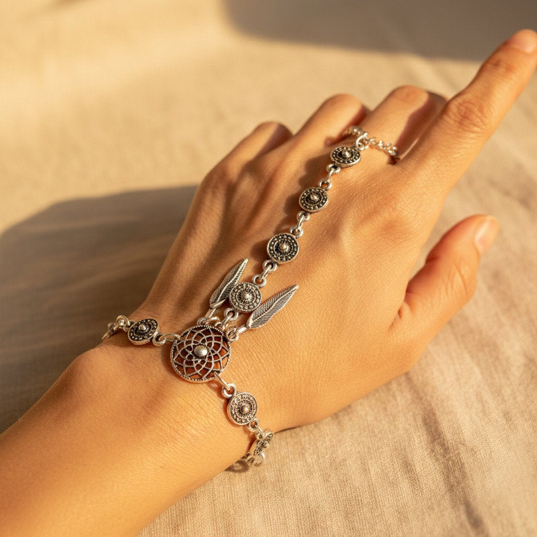 Dream catcher bracelet, silver boho feather charm