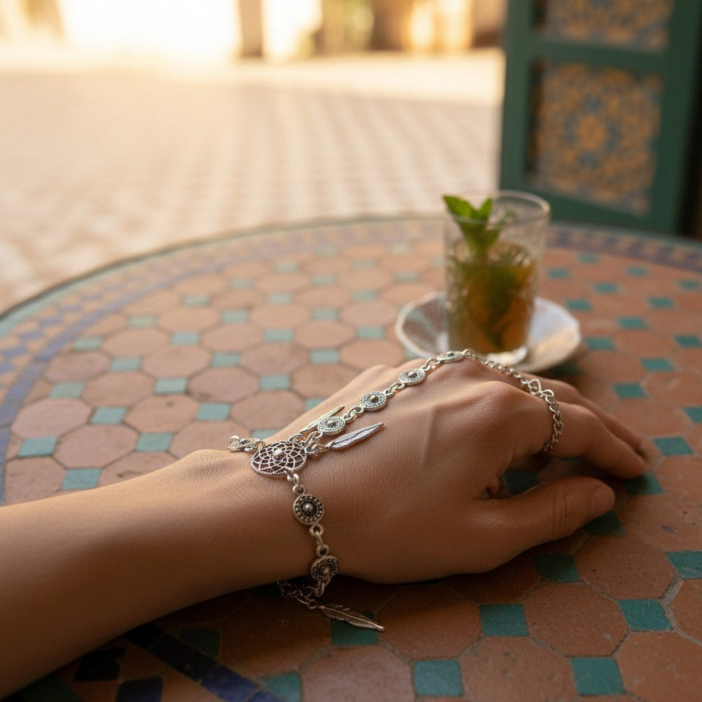 Dream catcher bracelet, silver boho feather charm