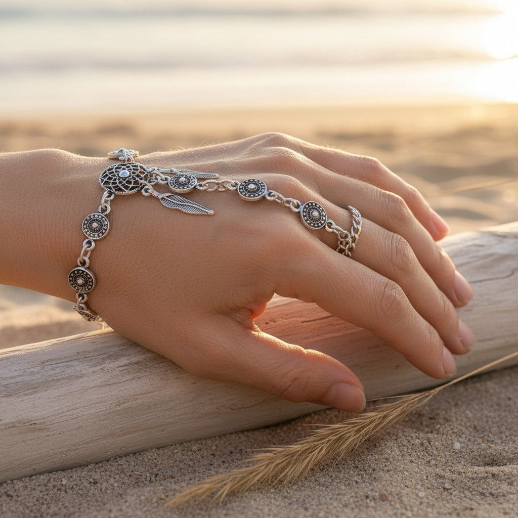 Dream catcher bracelet, silver boho feather charm