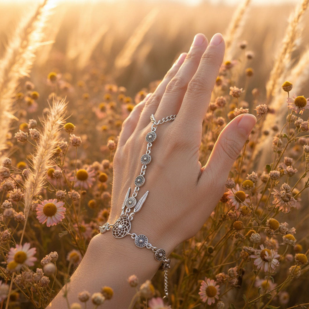 Dream catcher bracelet, silver boho feather charm