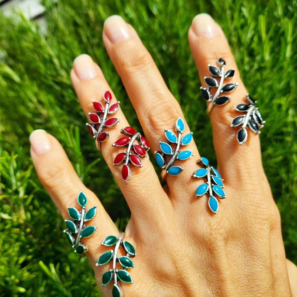 Leaf branch ring, silver boho adjustable wrap statement ring