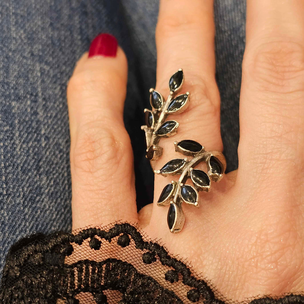 Leaf branch ring, silver boho adjustable wrap statement ring