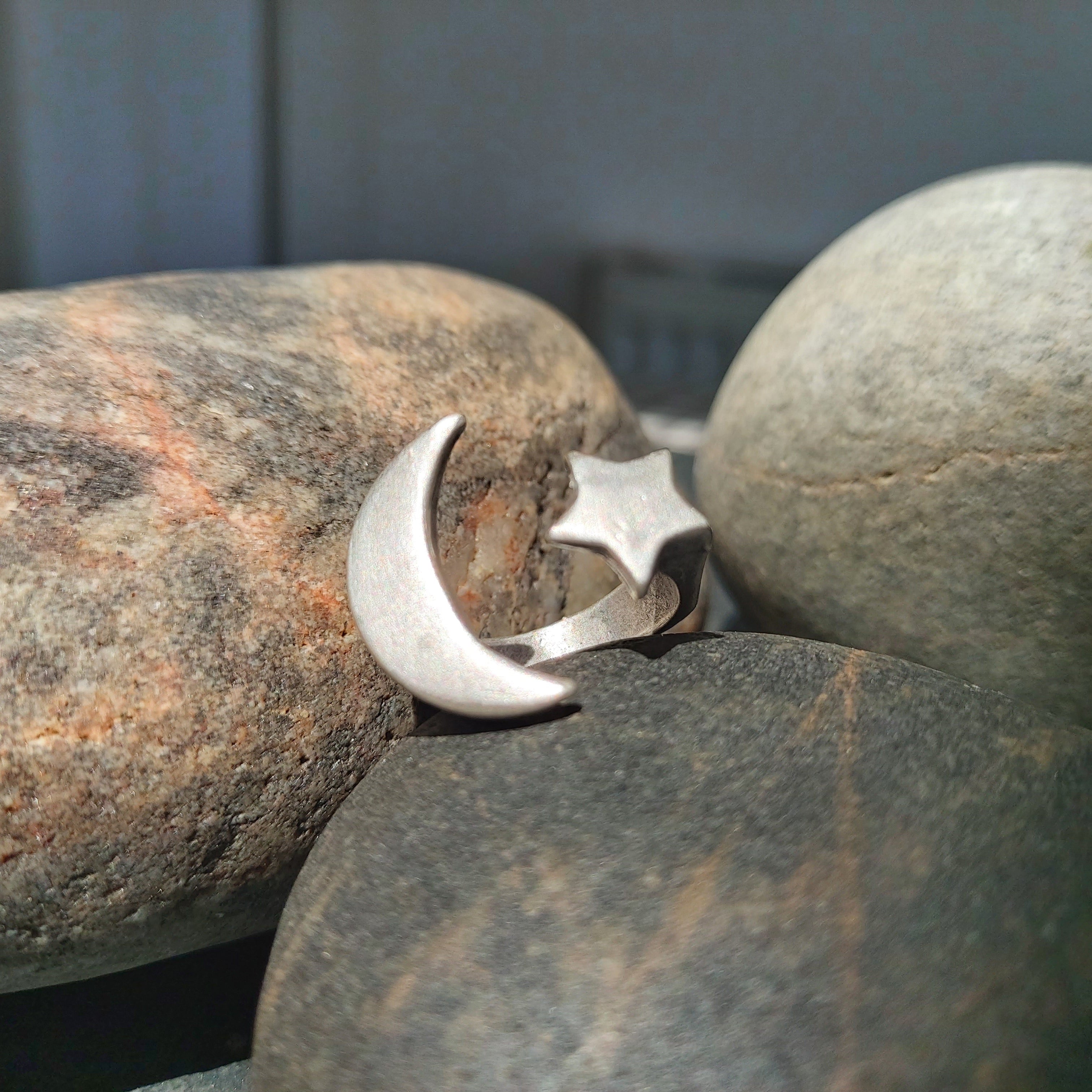 Moon and Star Ring | Adjustable Silver Celestial Open Band | Boho Cosmic Statement