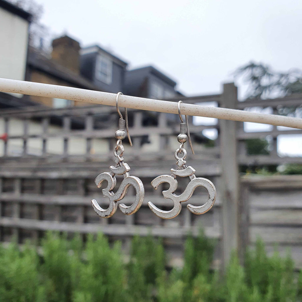 Om symbol silver earrings, yoga spiritual boho zen meditation dangle