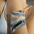 Brutalist wide asymmetrical sculptural silver statement cuff bangle