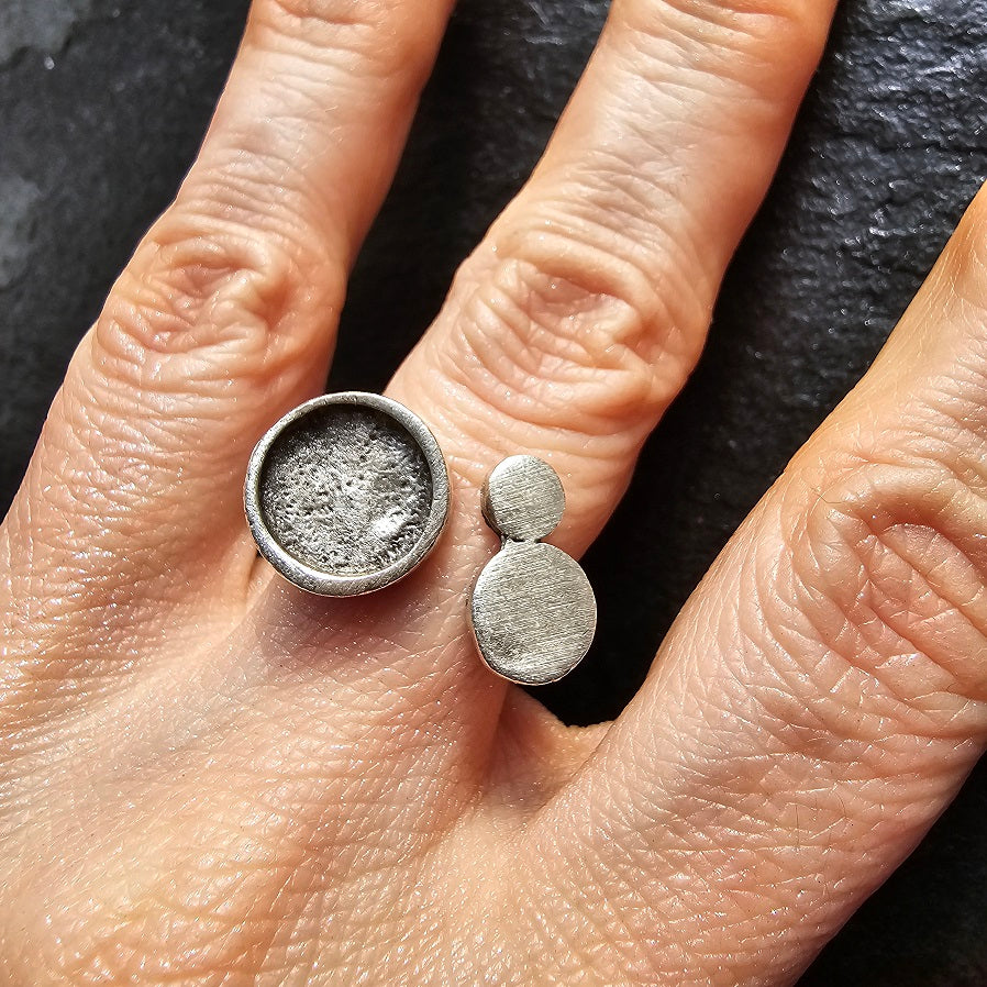 Asymmetric circle ring, moon disc brutalist adjustable silver wearable art