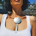 Silver disc bar necklace, dotted textured pendant brutalist choker
