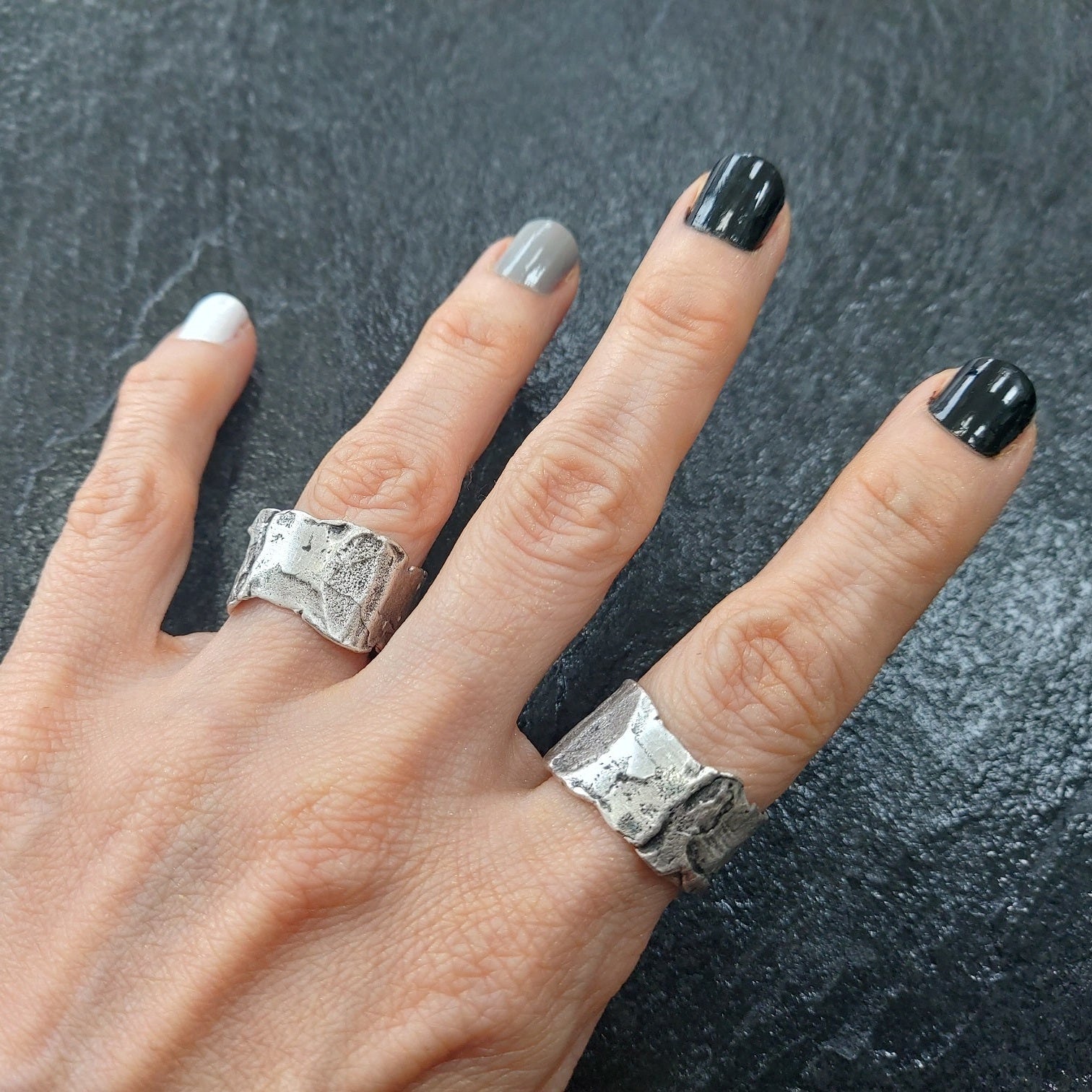 Brutalist ring, raw textured artisan band adjustable silver modernist statement