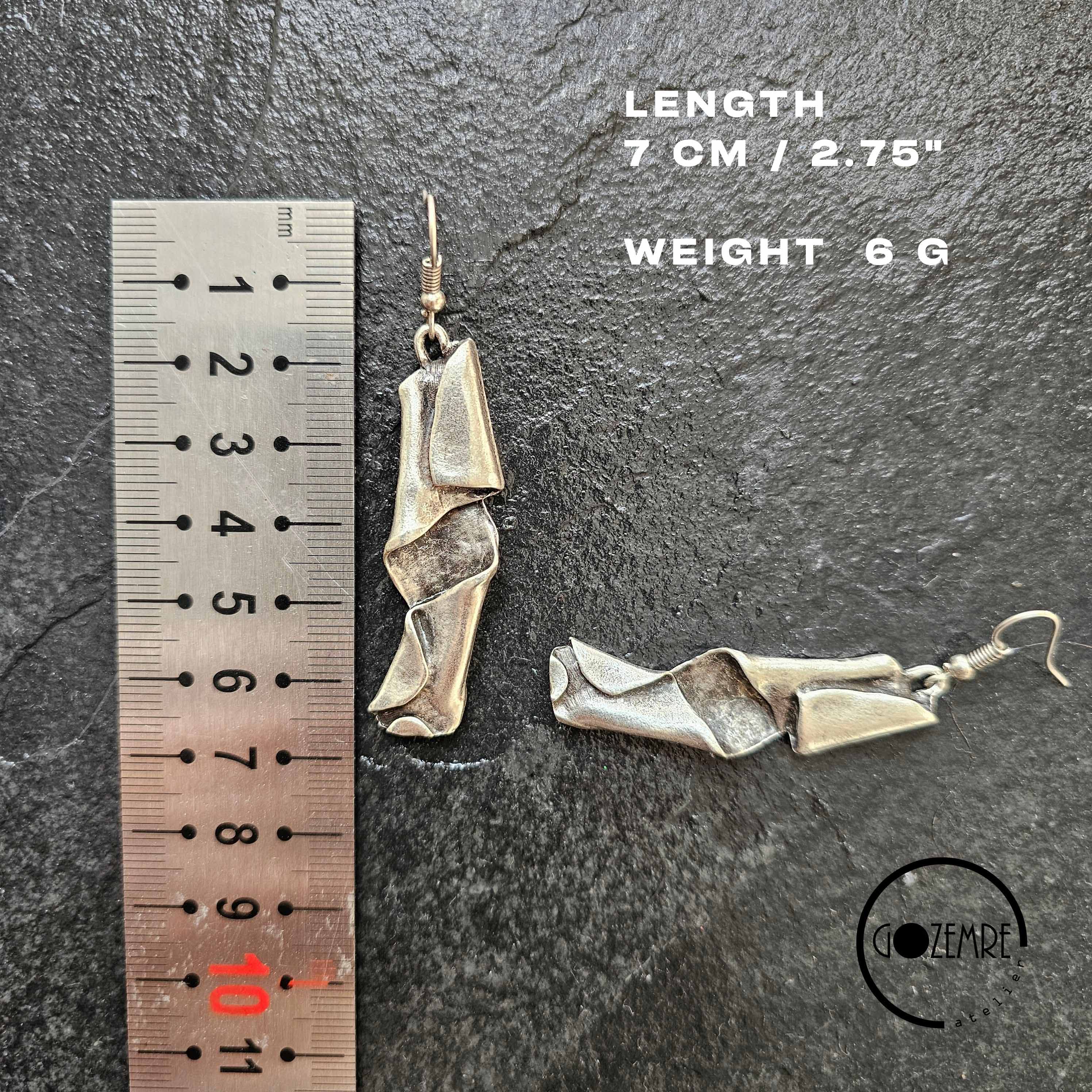 Brutalist silver dangle earrings, sculptural folded abstract wearable art