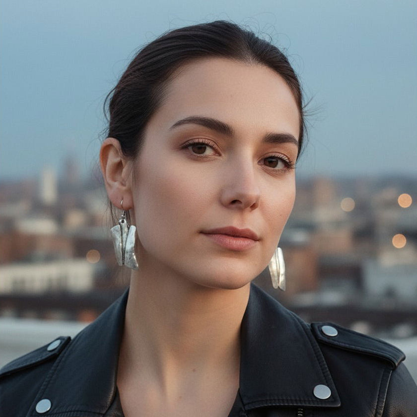 Brutalist silver earrings, geometric sculptural drop statement