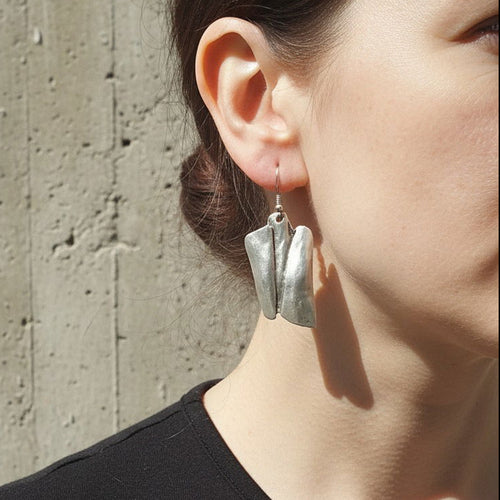 Brutalist silver earrings, geometric sculptural drop statement