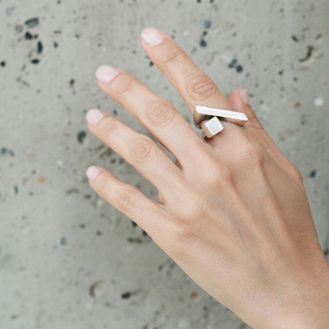 Modernist sculptural ring, brutalist geometric adjustable silver wearable art